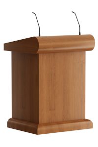 Classic wooden lectern with modern solutions. For protection the wood is sprayed. Available as maitre d station for hospitality industry with lockable doors and drawer. You can choose 1 or 2 shock mount(s) for the microphone(s).