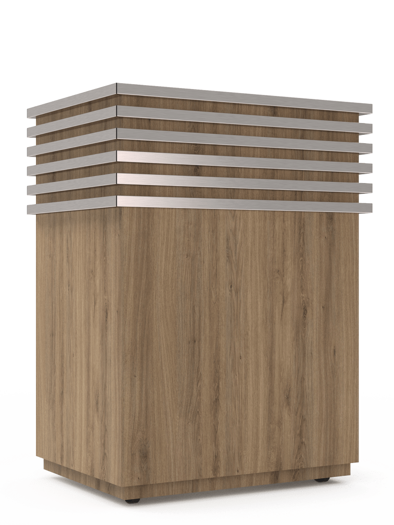 Rectangular lectern in wood look with stainless steel stripes.