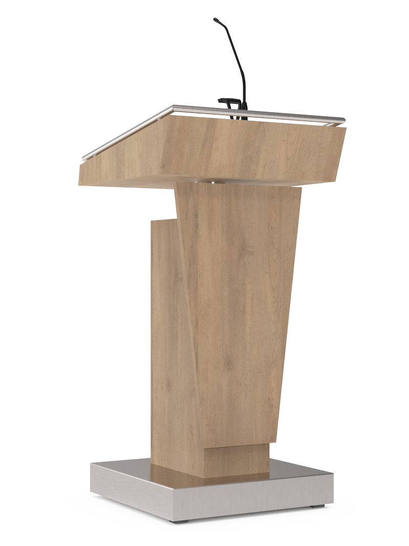 Height-adjustable lectern in wood and stainless steel.