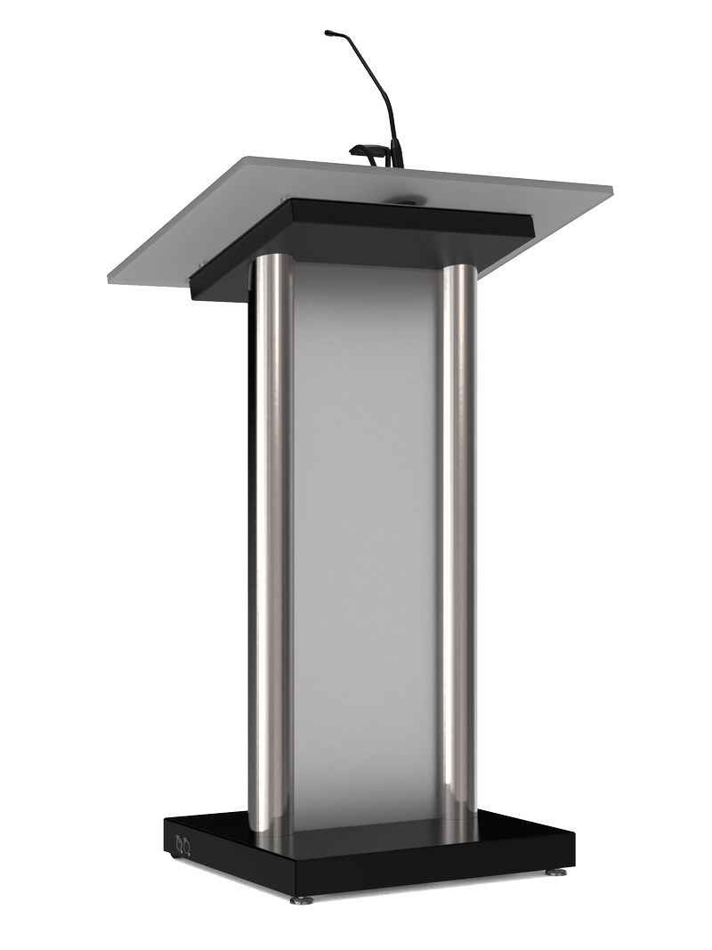 Modern lectern in plastic and stainless steel.