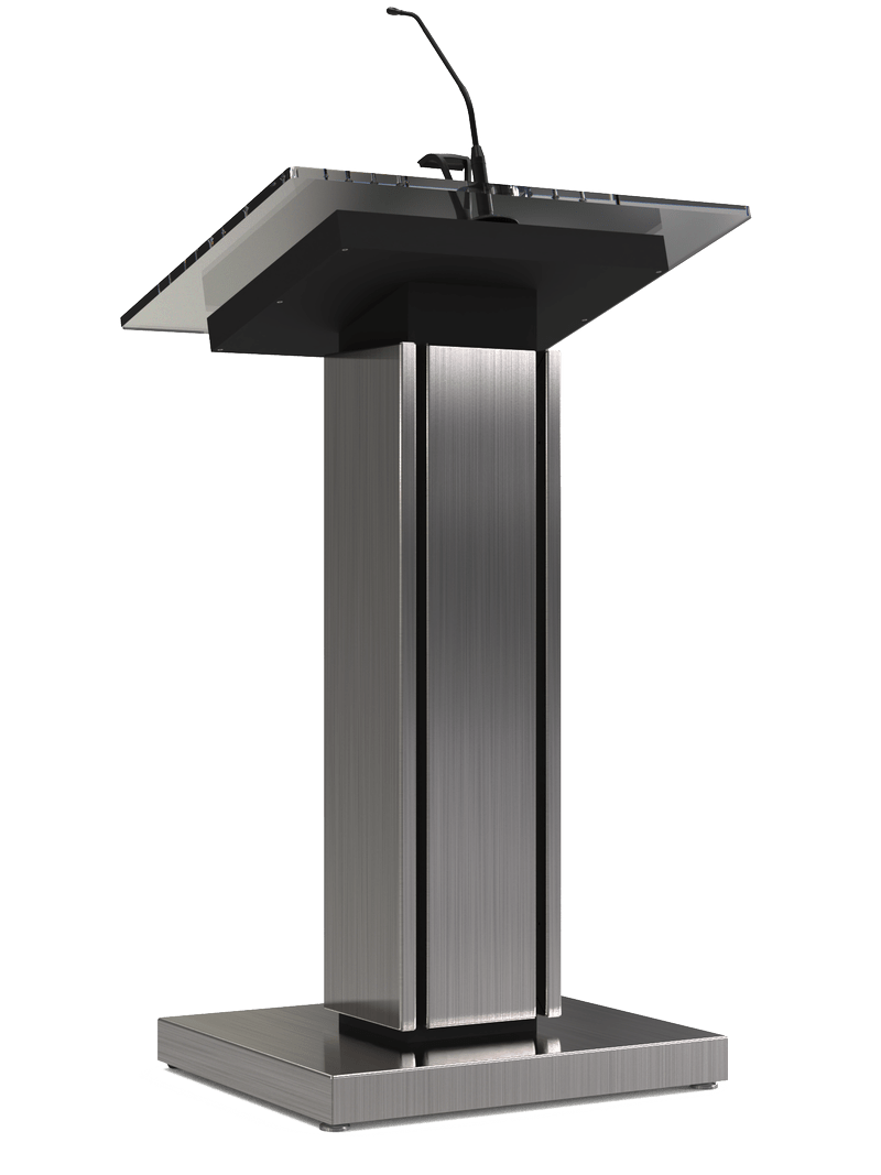 Metal lectern with reading lamp and microphone.
